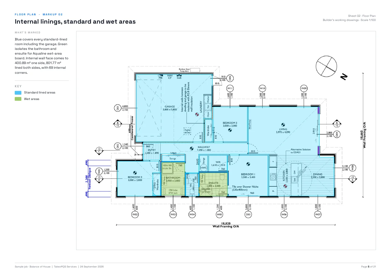 Pages from the sample job pack: a floor plan marked up for internal linings, with the floor area markup and the material schedule fanned out behind it